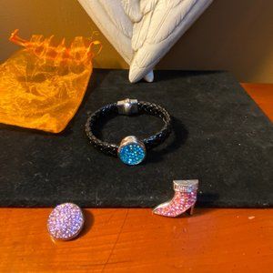 Black Snap Bracelet With 3 Charms Shoe Rhinestone